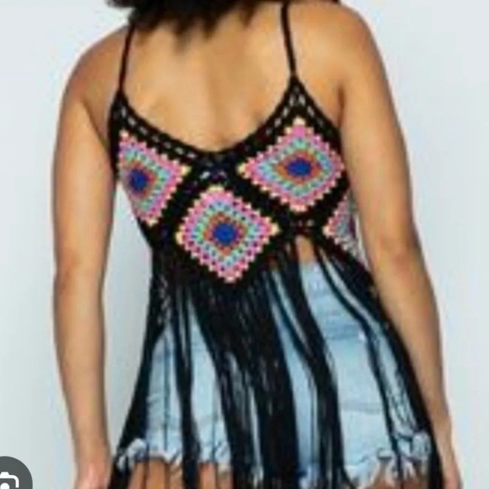 Hera Collection Hippie Fringe Boho Crochet Tank Top Size Small/Medium - Picture 2 of 4